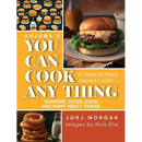 Hardcover book cover for You Can Cook Any Thing: A Guide for Newly Inspired Cooks! Burgers, Dogs, Sides And Many Meaty Things, featuring a burger, a stack of onion rings, and a pattern of food illustrations.
