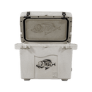 The Taiga Coolers 27 Quart Terra Granite White Cooler features a fish logo and the word “Ozark” engraved on the front and inside its lid, with 27-quart insulated capacity.