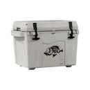 The Taiga Coolers 27 Quart Terra Granite White Cooler features black latches and a fish logo, making it an ideal insulated personal cooler or spacious 27 Quart Cooler. Shown on a white background.