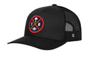The Haka Hat Tampa Bay Trucker Hat | Black TPA X Football Snapback by Haka Hat features a mesh back and a front logo with a palm tree, football, and the letters T and B inside a red and orange circle. This signature 5.0 trucker includes a classic snapback closure for an adjustable fit.