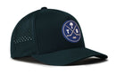 Introducing the Haka Hat Tampa Bay Hockey Performance 5-Panel Hat | TB X Flexfit Snapback by Haka Hat—a black mesh baseball cap featuring a circular patch with two crossed golf clubs, a palm tree, and the letters T and B. Designed with a Flexfit sweatband for ultimate comfort and water-repellent material, this hat is perfect for outdoor adventures.