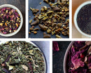 Experience the World Spice Loose-Leaf Tea Tasting Flight by World Spice—five bowls showcasing vibrant blends of dried herbs, flowers, and spices. Perfect as a tea sampler or an elegant gift set, each herbal tea offers unique colors and textures, beautifully displayed from a top-down view.