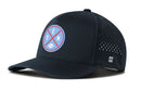 Introducing the Haka Hat Tennessee Football Performance 5-Panel Hat in Columbia Blue, featuring a blue and red circular TEN logo on the front. This Flexfit Snapback is crafted with water-repellent fabric and small ventilation holes on the sides for enhanced comfort.
