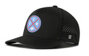 The Haka Hat Tennessee Football Performance 5-Panel Hat in Columbia Blue features a black perforated side panel and a circular front logo displaying the letters E, T, N with a small football, all set within intersecting red lines on a blue background. This TEN X Flexfit Snapback by Haka Hat is engineered for both comfort and performance, equipped with a Flexfit sweatband to help keep you cool during intense moments.