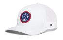 Introducing the Haka Hat Tennessee Trucker Hat | Black TEN X Football Snapback—a stylish black trucker cap from Haka Hat featuring a mesh back and a striking blue circular patch on the front with red and white accents, crossed lines, the letters T and N, and a small football at the bottom—perfect for Nashville football fans.
