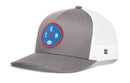 Show your Tennessee pride with the Haka Hat Tennessee Football Trucker Hat | Columbia Blue TEN X Snapback by Haka Hat. This gray and white snapback trucker hat features a blue and red circular patch with the letters T E N and a small football icon, complemented by a white mesh back—perfect for any Tennessee Football Trucker Hat collection.