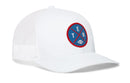 Sure! Here’s a rewritten version of your sentence using the provided product data: The Haka Hat Tennessee Football Trucker Hat | Columbia Blue TEN X Snapback features a white mesh back, a curved brim, and a blue and red circular patch embroidered with the letters T E N and a small football on the front. This classic snapback trucker hat by Haka Hat is perfect for showing off your Nashville pride.