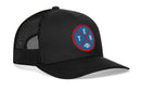The Haka Hat Tennessee Football Trucker Hat, also known as the Columbia Blue TEN X Snapback by Haka Hat, features a black mesh snapback design with a round blue and red patch on the front that displays the letters T E N N and a small football illustration at the bottom—a classic choice for Nashville and Tennessee football fans.
