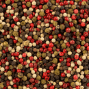 A close-up of the vibrant Texas Salt Co. Rainbow Peppercorn blend by Texas Salt Co., showcasing a colorful mix of black, white, green, and red peppercorns in a true five pepper assortment.