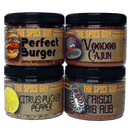 The Spice Guy Grill Master Box features four vibrant spice blends—Perfect Burger, Voodoo Cajun, Citrus Pucker Pepper, and Frisco Rib Rub—for top-quality grilling and BBQ seasoning in every meal.