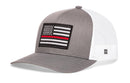 Show your support for our heroes with the Haka Hat Thin Red Line Trucker Hat | Black Fire Snapback by Haka Hat—a classic gray and white trucker hat featuring a bold black and white American flag patch with a single thin red line, honoring firefighters everywhere.