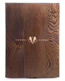 Dark wooden box with a script design badger logo and the Swanky Badger Wine Decanter - The Script engraved in the center.