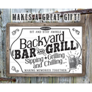 The Lone Star Art Backyard Bar & Grill Metal Sign features “Sit and Stay Awhile,” “Sipping, Grilling, and Chilling,” a hand with a frothy beer mug, and says it makes a great gift—perfect barbecue decor for making memories together.