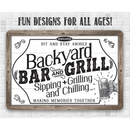 The Lone Star Art Backyard Bar & Grill Metal Sign features a hand with a beer mug and reads: "Sipping, Grilling and Chilling—Sit and Stay Awhile, Making Memories Together." Perfect barbecue decor for all ages!.