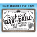 The Lone Star Art Backyard Bar & Grill Metal Sign features a beer mug design, rustic wooden frame, and the phrases: “Sipping, Grilling and Chilling. Making Memories Together. Sit and stay awhile.” Perfect barbecue decor!.