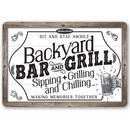 The Lone Star Art Backyard Bar & Grill Metal Sign features an illustrated hand with a frothy beer mug and reads: Welcome. Sit and stay awhile. Sipping, Grilling and Chilling. Perfect barbecue décor for making memories together.