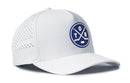 Introducing the Haka Hat Toronto Hockey Performance 5-Panel Hat | TOR X Flexfit Snapback—a white cap featuring a blue circular logo with crossed hockey sticks and the letters T, O, and R. This Haka Hat includes a curved brim, side ventilation holes for breathability, and a comfortable Flexfit sweatband to ensure an ideal fit.