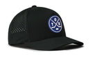 Introducing the Haka Hat Toronto Hockey Performance 5-Panel Hat | TOR X Flexfit Snapback: a black hat featuring side ventilation holes and a round blue and white logo with two crossed hockey sticks, a puck, and the letters T and R on the front. Designed by Haka Hat, this water-repellent snapback also features a Flexfit sweatband for enhanced comfort.