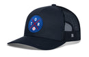 Introducing the Haka Hat Toronto Trucker Hat | TOR X Baseball Snapback by Haka Hat. This black trucker baseball cap features a blue and red circular patch with crossed bats, the letters T, O, and R, plus a small baseball. The back is crafted from black mesh for breathability.