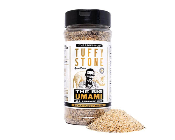Tuffy Stone Big Umami Rub bottle with bold, savory seasoning for beef, chicken, veggies, and more
