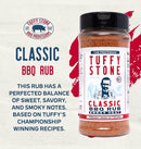 Tuffy Stone Classic BBQ Rub Sweet Heat bottle with bold BBQ seasoning for pork, chicken, beef, and vegetables