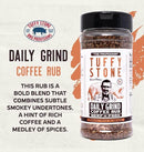 Tuffy Stone Daily Grind Coffee Rub bottle with rich coffee and cocoa blend for bold BBQ flavor on beef, pork, and chicken