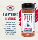 Tuffy Stone Everything BBQ Rub bottle with garlic, paprika, and spice blend for beef, pork, chicken, veggies, and more