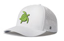 The Haka Hat Turtle Performance 5-Panel Hat by Haka Hat is a white Flexfit Snapback featuring a green cartoon turtle on the front, small ventilation holes on the side, and a comfortable Flexfit sweatband for an ideal fit.