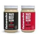 Two jars of Fatworks Wagyu Beef Tallow with black and red labels on a white background. Wagyu Tallow 2 Pack with American and A5 Japanese beef tallow jars