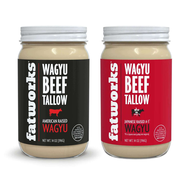 Two jars of Fatworks Wagyu Beef Tallow with black and red labels on a white background. Wagyu Tallow 2 Pack with American and A5 Japanese beef tallow jars