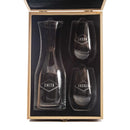 Swanky Badger’s Wine Decanter - The Diamond set, featuring a decanter and two stemless wine glasses each engraved with a name in a diamond border, presented in a wooden gift box.