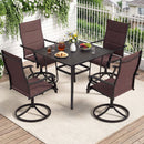 The DirectDeals 5 Pieces Outdoor Dining Set with 4 Swivel Chairs and 36 Inch Square Patio Table is arranged on a beige rug, with drinks, snacks, and flowers. Greenery and white blooms adorn the porch railing behind.