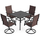 The DirectDeals 5 Pieces Outdoor Dining Set with 4 Swivel Chairs and 36 Inch Square Patio Table includes a black slatted table and four brown cushioned, armrest swivel chairs for stylish outdoor dining.