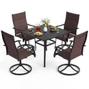 Four brown cushioned swivel chairs and a black table set with snacks and drinks showcase the DirectDeals 5 Pieces Outdoor Dining Set with 4 Swivel Chairs and 36 Inch Square Patio Table on a white background.