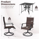 Diagram of DirectDeals 5 Pieces Outdoor Dining Set with 4 Swivel Chairs and 36 Inch Square Patio Table: chairs are 36″H x 22.5″W, support 330 lbs; table is 36″ sq x 29″H, holds 125 lbs. Avoid rain.
