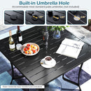The DirectDeals 5 Pieces Outdoor Dining Set with 4 Swivel Chairs and 36 Inch Square Patio Table includes a built-in umbrella hole (base not included) and space for fruit, drinks, and books.