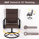 The DirectDeals 5 Pieces Outdoor Dining Set with 4 Swivel Chairs and 36 Inch Square Patio Table features brown chairs with black armrests, smooth 360° swivel, relaxing rocking motion, and a sturdy metal base.