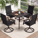 The DirectDeals 5 Pieces Outdoor Dining Set with 4 Swivel Chairs and 36 Inch Square Patio Table is arranged on a deck, holding drinks, snacks, and flowers amid white railing and lush greenery.