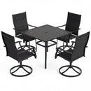 The DirectDeals 5 Pieces Outdoor Dining Set with 4 Swivel Chairs and 36 Inch Square Patio Table features black, slatted furniture arranged neatly on a white background.