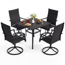 The DirectDeals 5 Pieces Outdoor Dining Set with 4 Swivel Chairs and 36 Inch Square Patio Table features four chairs around a square table, shown with drinks, toast, fruit, and a flower vase on top.