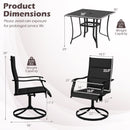 Diagram features the DirectDeals 5 Pieces Outdoor Dining Set with 4 Swivel Chairs and 36 Inch Square Patio Table, showcasing chair (39x26x22 in) and table (36x36x28 in) dimensions and weight capacities.