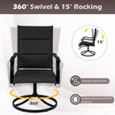 The 5 Pieces Outdoor Dining Set with 4 Swivel Chairs and 36 Inch Square Patio Table by DirectDeals features black swivel chairs with armrests, offering smooth 360° seat rotation and relaxing 15° rocking.