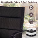 Close-up of a 5 Pieces Outdoor Dining Set with 4 Swivel Chairs and 36 Inch Square Patio Table by DirectDeals, featuring breathable fabric, soft padding, wear resistance, quick-drying & comfort—icons highlight key features.