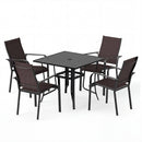 The DirectDeals 5 Pieces Patio Dining Set for 4 Outdoor Square Table and Stackable Chairs features a black metal frame and brown mesh seats and backs, shown on a plain white background.