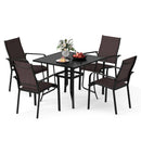The DirectDeals 5 Pieces Patio Dining Set for 4 Outdoor Square Table and Stackable Chairs features a black table with brown chairs, shown on a white background with flowers, food, and red apples on the tabletop.