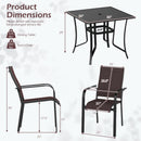 Diagram displays dimensions of the 5 Pieces Patio Dining Set for 4 Outdoor Square Table and Stackable Chairs by DirectDeals: table (36″x36″x29″), chairs (21″x16″x35″); table holds 125 lbs, chair 350 lbs. Detailed lines shown.