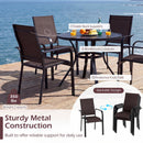 Four brown stackable chairs and a square table from the DirectDeals 5 Pieces Patio Dining Set for 4 Outdoor Square Table and Stackable Chairs are set on a wooden deck, featuring stable back supports and reinforced crossbars.