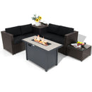 The DirectDeals 5-Piece Patio Furniture Set with Propane Fire Pit Table features a brown wicker sofa, black cushions, two tables, and a central fire pit table for warmth and stylish outdoor seating.