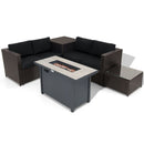 The DirectDeals 5-Piece Patio Furniture Set with Propane Fire Pit Table features a dark wicker L-shaped sectional, black cushions, side table, and a glass-topped corner table for stylish outdoor seating.