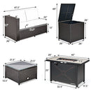 The DirectDeals 5-Piece Patio Furniture Set with Propane Fire Pit Table includes a cushioned loveseat, storage cube, coffee table, and fire pit table—all labeled with dimensions for easy patio planning.